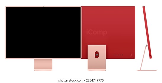 computer display pink color with black screen front, back and side view isolated on white background. realistic and detailed mockup of monitor for system unit. vector illustration