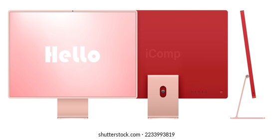 computer display pink color with colored screen front, back and side view isolated on white background. realistic and detailed mockup of monitor for system unit. vector illustration