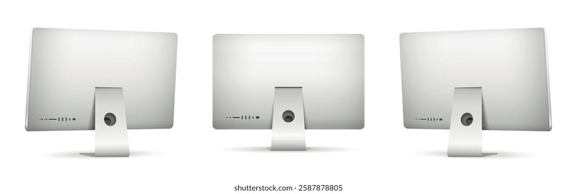 Computer display rear view on three sides isolated on white background