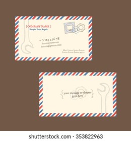 Computer display repair. Business card vector template, styled as a vintage envelope with postage stamp. Hand drawn, pen ink. Also suitable for flyer, banner, advertisement, promotion