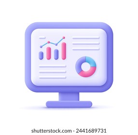 Pantalla de visualización del ordenador con diagrama, gráficos y gráficos. Análisis de datos, SEO en tablero e informe de inversión en finanzas empresariales. Icono de vector 3d. Dibujos animados estilo minimalista.