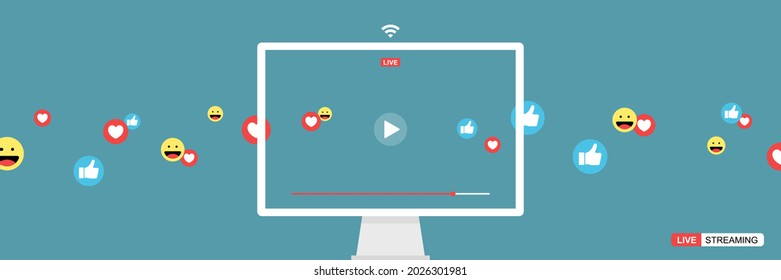 computer display screen with online live streaming, video player interface and full of positive feedbacks, like icon, love icon and smile icon, concept of social media and work from home as new normal