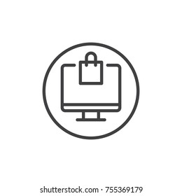 Computer display with shopping bag line icon, outline vector sign, linear style pictogram isolated on white. Online shopping symbol, logo illustration. Editable stroke