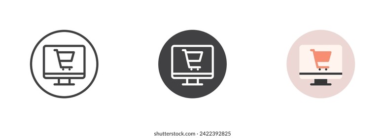 Computer display with shopping cart different style icon set. Line, glyph and filled outline colorful version, outline and filled vector sign. Symbol, logo illustration. Vector graphics