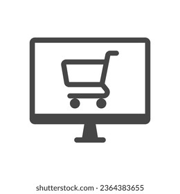Computer display with shopping cart flat icon, vector sign, isolated on white. Online shopping basket symbol, logo illustration.