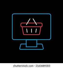 Pantalla de computadora con el vector de icono del carro de la compra aislado en el negro. Símbolo de la canasta de compras en línea, ilustración del logotipo. Signo de comercio electrónico