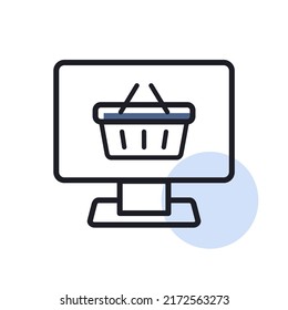 Pantalla del equipo con vector de icono del carro de la compra. Símbolo de la canasta de compras en línea, ilustración del logotipo. Signo de comercio electrónico