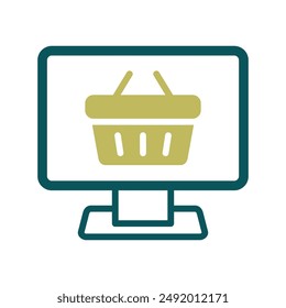 Computer display with shopping cart icon vector. Online shoping basket symbol, logo illustration. E-commerce sign