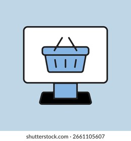 Computer display with shopping cart icon vector. Online shoping basket symbol, logo illustration. E-commerce sign