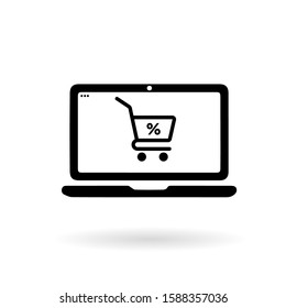 Computer display with shopping cart line icon, outline vector sign, linear style pictogram isolated on white. Online shoping basket symbol, logo illustration. Editable stroke