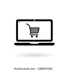 Computer display with shopping cart line icon, outline vector sign, linear style pictogram isolated on white. Online shoping basket symbol, logo illustration. Editable stroke