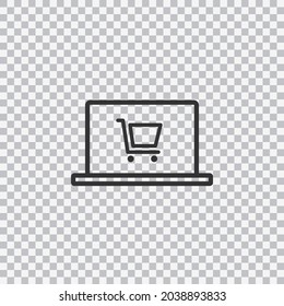 Computer display with shopping cart line icon. Linear style pictogram isolated on transparent background. Vector. 