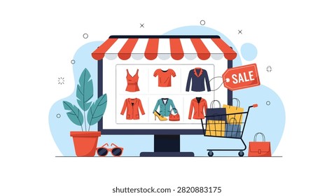 Computer display showing an online shopping website with female clothing, a red sale tag, and shopping bags.