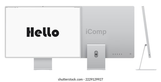 el ordenador muestra el color plateado con la pantalla en blanco frontal, posterior y lateral aislada en fondo blanco. simulación realista y detallada del monitor para la unidad de sistema. ilustración vectorial