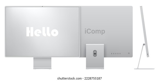 el ordenador muestra el color plateado con la pantalla colorida frontal, posterior y lateral aislada en fondo blanco. simulación realista y detallada del monitor para la unidad de sistema. ilustración vectorial