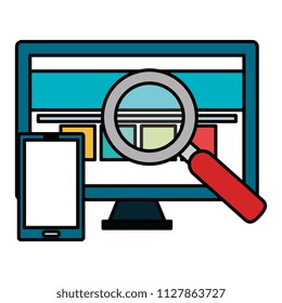 computer display with smartphone and magnifying glass