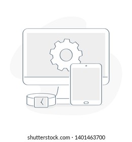 Computer display, smartphone or tablet and smart watch. Three devices with a gear as a symbol of software development, responsive design, development for different devices. Flat outline vector