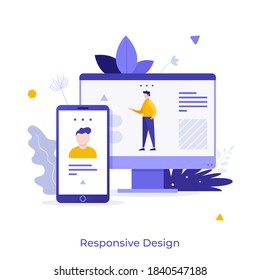 Computer display and smartphone with website user profile. Concept of responsive or adaptive web design adjustable to any device screen. Modern flat colorful vector illustration for banner, poster.