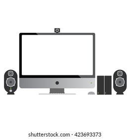 Computer display and speaker isolated on white. Vector, jpg, picture