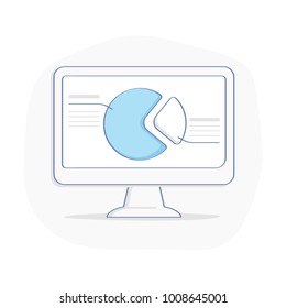 Computer display with statistical data presented in the form of digital graphs and charts. Financial analysis, statistics, pie chart, report. Outline vector illustration design. Statistics marketing.