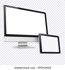 Computer display and tablet computer isolated on transparent background. Set of vector mockup. Vector illustration