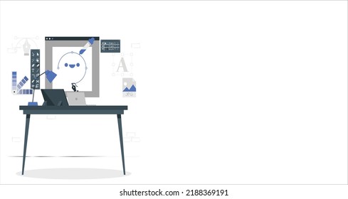 Computer display with vector design. Graphic designer creative creator design logo artwork curve pen tool illustration equipment icons digital computer display workspace. Graphic design software.