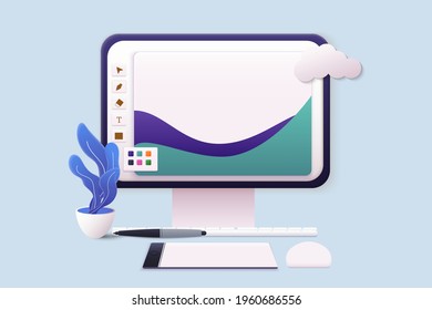 Computer display with vector design program. 3D Web Illustration