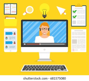 Computer display with video online training on the screen. Female avatar. Webinar icons. Flat cartoon style. Vector illustration.