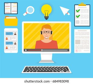 Computer display with video online training on the screen. Female avatar. Webinar icons. Flat cartoon style. Vector illustration.