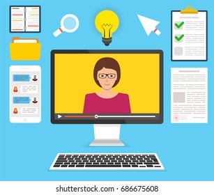 Computer display with video online training on the screen. Female avatar. Webinar icons. Flat cartoon style. Vector illustration.