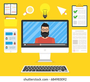 Computer display with video online webinar on the screen. Male avatar. Webinar icons. Flat cartoon style. Vector illustration.