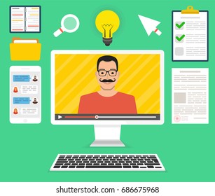 Computer display with video online webinar on the screen. Male avatar. Webinar icons. Flat cartoon style. Vector illustration.