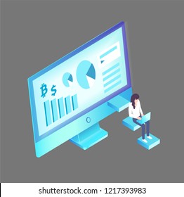 Computer display and working woman using laptop, typing information. Monitor screen with diagrams and charts, data in visual representation vector