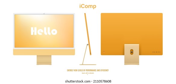 computer display yellow color with colorful screen saver front, back and side view isolated on white background. realistic and detailed mockup of monitor for system unit. stock vector illustration