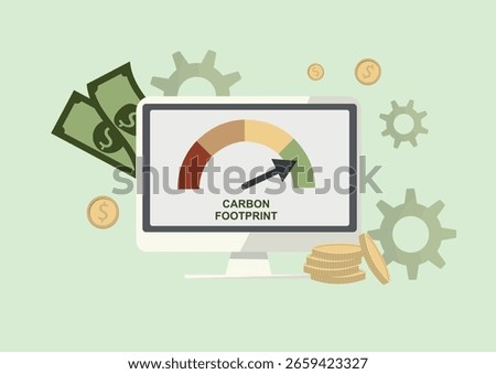Computer displaying carbon footprint gauge with money, coins, and gears representing environmental finance and sustainability business analytics. Flat design. Zero emissions. Vector illustration