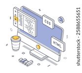 Computer displaying code with CSS and HTML icons, surrounded by design elements like a coffee cup and additional graphic symbols. Perfect for coding themes. Isometric line art ilustration