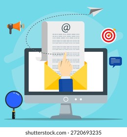 Ordenador que muestra la ilustración del email marketing en un fondo azul. Adecuado para campañas de marketing digital, publicaciones en redes sociales, Anuncios de Sitio web, proyectos relacionados con la tecnología.