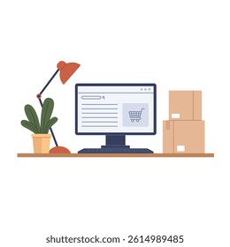 computer displaying online shopping cart interface on desk with packed boxes, suggesting e-commerce and delivery, flat style vector illustration isolated on white background