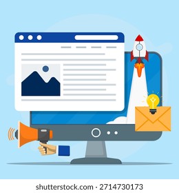 Computador exibindo uma promoção de lançamento de foguete ideal para sites de tecnologia, campanhas publicitárias e compromisso de marketing por e-mail. Ideia criativa para conteúdo no blog.