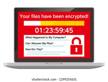 A computer displaying a screen infected with the Ransomware worm virus