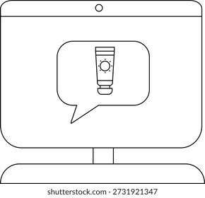 A computer displays a sunscreen tube within a speech bubble on its screen