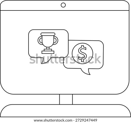 A computer displays a trophy and a dollar sign in speech bubbles on its screen