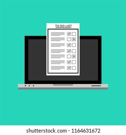 Computer and do to list vector illustration, flat cartoon pc monitor with long paper document and to do list with checkboxes, concept of survey, online quiz, completed things or done test, feedback