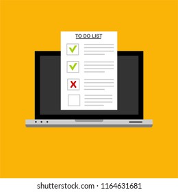 Computer and do to list vector illustration, flat cartoon pc monitor with long paper document and to do list with checkboxes, concept of survey, online quiz, completed things or done test, feedback