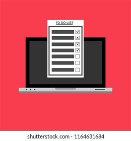 Computer and do to list vector illustration, flat cartoon pc monitor with long paper document and to do list with checkboxes, concept of survey, online quiz, completed things or done test, feedback