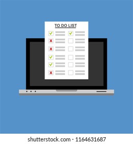 Computer and do to list vector illustration, flat cartoon pc monitor with long paper document and to do list with checkboxes, concept of survey, online quiz, completed things or done test, feedback