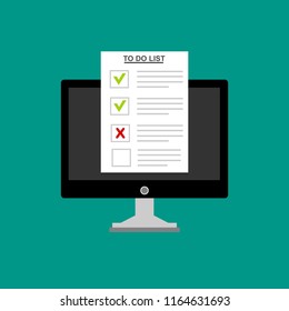 Computer and do to list vector illustration, flat cartoon pc monitor with long paper document and to do list with checkboxes, concept of survey, online quiz, completed things or done test, feedback