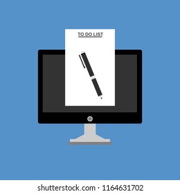 Computer and do to list vector illustration, flat cartoon pc monitor with long paper document and to do list with checkboxes, concept of survey, online quiz, completed things or done test, feedback