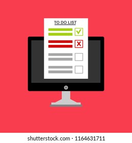 Computer and do to list vector illustration, flat cartoon pc monitor with long paper document and to do list with checkboxes, concept of survey, online quiz, completed things or done test, feedback