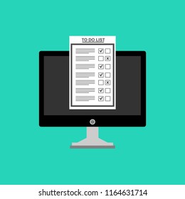 Computer and do to list vector illustration, flat cartoon pc monitor with long paper document and to do list with checkboxes, concept of survey, online quiz, completed things or done test, feedback